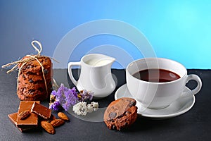 Hot chocolate and milk, cup of cocoa, chocolate cookies, almonds, flowers on a shale board on bright blue background, place to cop