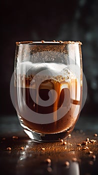 a hot chocolate in an minimalist irish glass receiveing a ambar colored coffee foame. photo