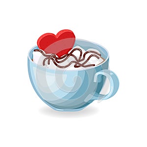 Hot chocolate mug with marshmallows. Illustration for greeting card Valentines Day, New Year. Isolated vector object on white