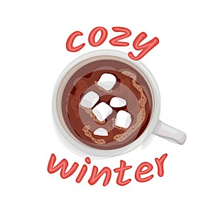 Hot chocolate mug with marshmallows. Isolated white cup on white background. Cacao with zephyr.