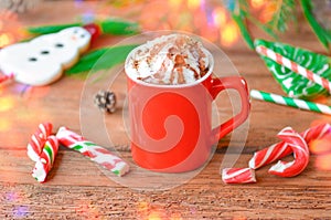 Hot chocolate in a mug with whipped cream. Winter time treat