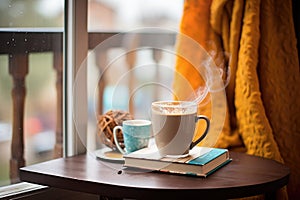 hot chocolate and a mystery novel on a rainy day window