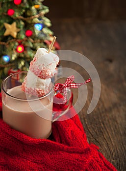 Hot chocolate with peppermint candies coated marshmallows