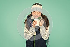 Hot chocolate recipe. Dessert concept. Coffee break. Hot beverage. Idea for warming. Happy girl hipster. Kid winter
