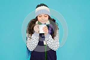 Hot chocolate recipe. Dessert concept. Coffee break. Hot beverage. Idea for warming. Happy girl hipster. Kid winter