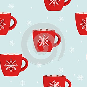 Hot chocolate seamless pattern winter snowflake Background. Vector Illustration