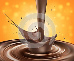Hot chocolate splash with pouring, isolated on orange background.