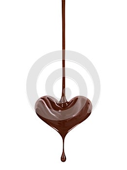 Hot chocolate stream in the form of heart with a drop on white photo