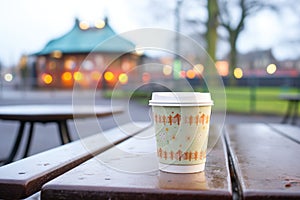 hot chocolate in takeaway cup on park bench in winter