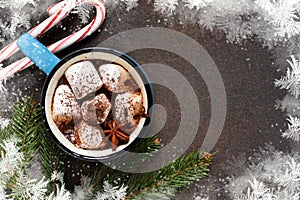 Hot chocolate is a traditional winter drink. Christmas background.