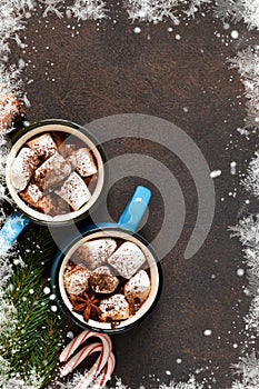 Hot chocolate is a traditional winter drink. Christmas background.