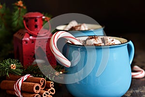 Hot chocolate is a traditional winter drink. Christmas background.
