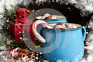 Hot chocolate is a traditional winter drink. Christmas background.