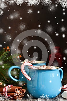 Hot chocolate is a traditional winter drink. Christmas background.