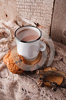 Hot chocolate warming drink wool throw cozy autumn winter cookies, christmas holiday background, copy space, top view