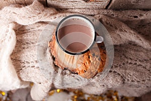 Hot chocolate warming drink wool throw cozy autumn winter cookies, christmas holiday background, copy space, top view