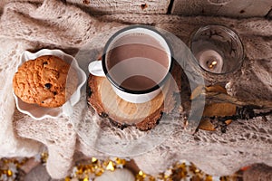 Hot chocolate warming drink wool throw cozy autumn winter cookies, christmas holiday background, copy space, top view