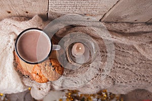 Hot chocolate warming drink wool throw cozy autumn winter cookies, christmas holiday background, copy space, top view
