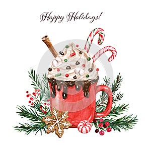 Hot chocolate watercolor illustration. Winter Christmas drink, red cup with sugar gingerbread cookie, whipped cream, candy cane,