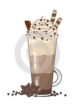 Hot chocolate with whipped cream, cookies and spices and cocoa powder. Winter and autumn time drink dessert. Christmas warm