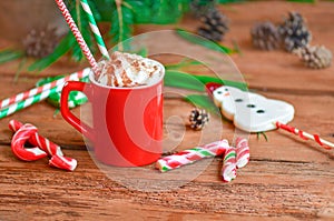 Hot chocolate in a mug with whipped cream. Winter time treat