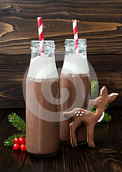 Hot chocolate with whipped cream in old-fashioned retro bottles with red striped straws. Christmas holiday drink and gingerbread b