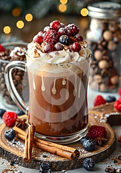 Hot chocolate with whipped cream red berries and spices in glass mug on wooden serving board