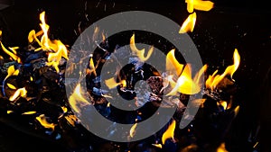 Hot coals in the fire.actively smoldering embers of fire.Burning firewood in the fireplace close up, BBQ fire.black