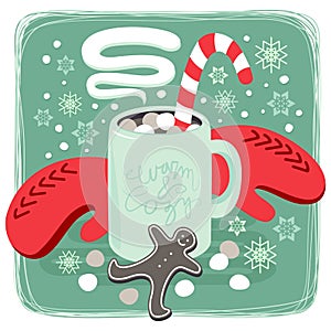 Hot cocoa chocolate winter cozy drink with red gloves and gingerbread man cookie card