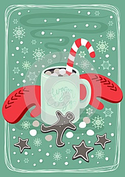 Hot cocoa chocolate winter cozy drink with red gloves and gingerbread man cookie vertical card