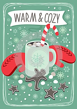 Hot cocoa chocolate winter cozy drink with red gloves and gingerbread man cookie vertical card with text