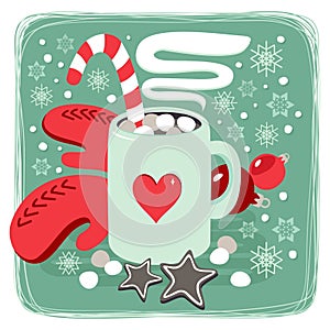 Hot cocoa chocolate winter cozy drink with red gloves and gingerbread star cookies card