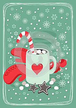 Hot cocoa chocolate winter cozy drink with red gloves and gingerbread star cookies vertical card