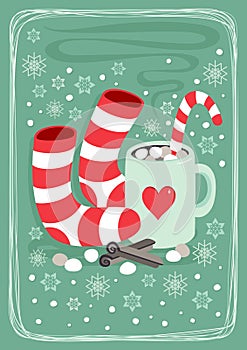 Hot cocoa chocolate winter cozy drink with red white striped socks and cinnamon sticks vertical card