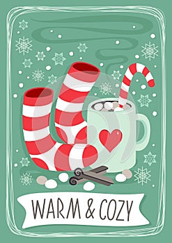 Hot cocoa chocolate winter cozy drink with red white striped socks and cinnamon sticks vertical card with text