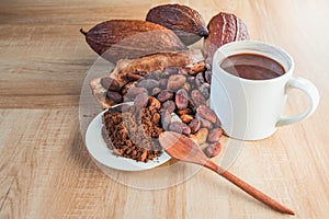 Hot cocoa cup with cocoa powder and cocoa beans on wooden background