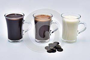 Hot cocoa: dark hot chocolate, milk hot chocolate, white hot chcolate.