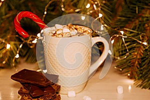 Hot cocoa with marshmallows, cream and cookies on holiday christmas background