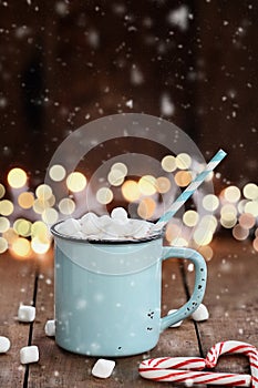 Hot Cocoa with Mini Marshmallows with Falling Snow