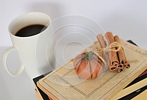 Hot coffee autumn book cinnamon in white mug