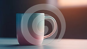 Hot coffee in blue mug on wooden table, steam rising generated by AI