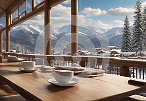 Hot coffee in cafe, winter landscape background