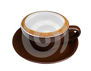 Hot coffee cappuccino in brown ceramic cup isolated on white background, clipping path included