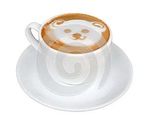 Hot coffee cappuccino latte art bear shape foam isolated on white background, path