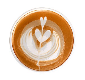 Hot coffee cappuccino latte art heart flower shape top view isolated on white background, clipping path