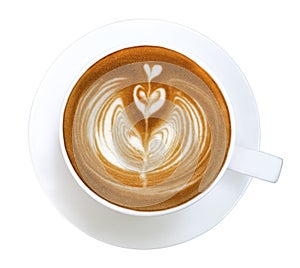 Hot coffee cappuccino latte art heart flower shape top view isolated on white background, clipping path included