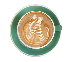 Hot coffee cappuccino latte art swan bird foam in green color cup top view isolated on white background, clipping path