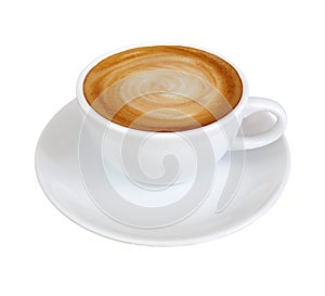 Hot coffee cappuccino latte in white cup with stirred spiral mil