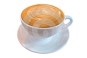 Hot coffee cappuccino latte in white cup with stirred spiral milk foam texture isolated on white background, clipping path