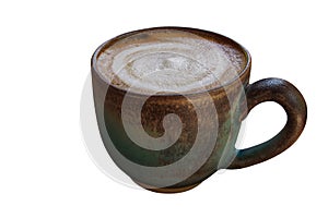 Hot coffee cappuccino with spiral milk foam in old vintage style